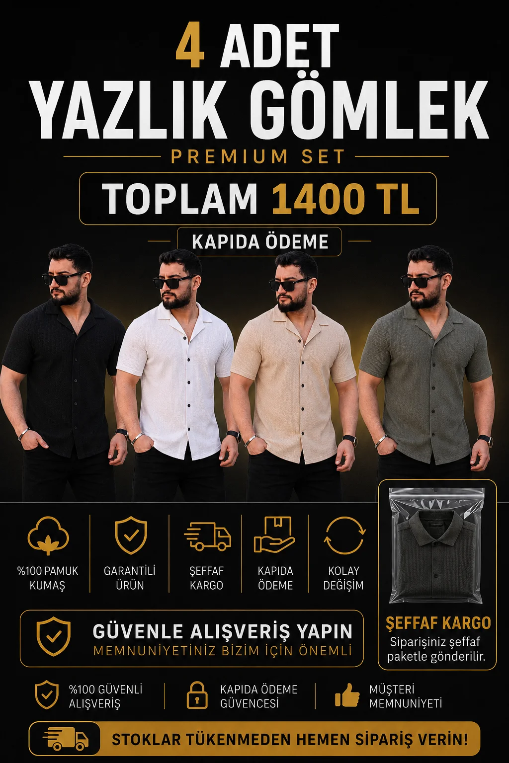 4 GÖMLEK-SİYAH-BEYAZ-BEJ-HAKİ